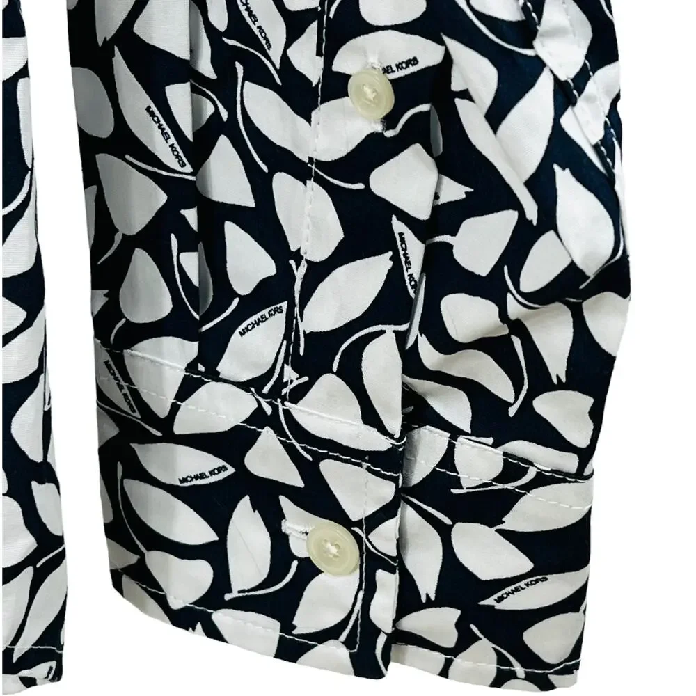 Michael Kors Button Front Blouse Size S Navy White Print Cotton